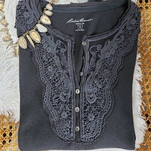 Eddie Bauer half button Sweater Lace Inset